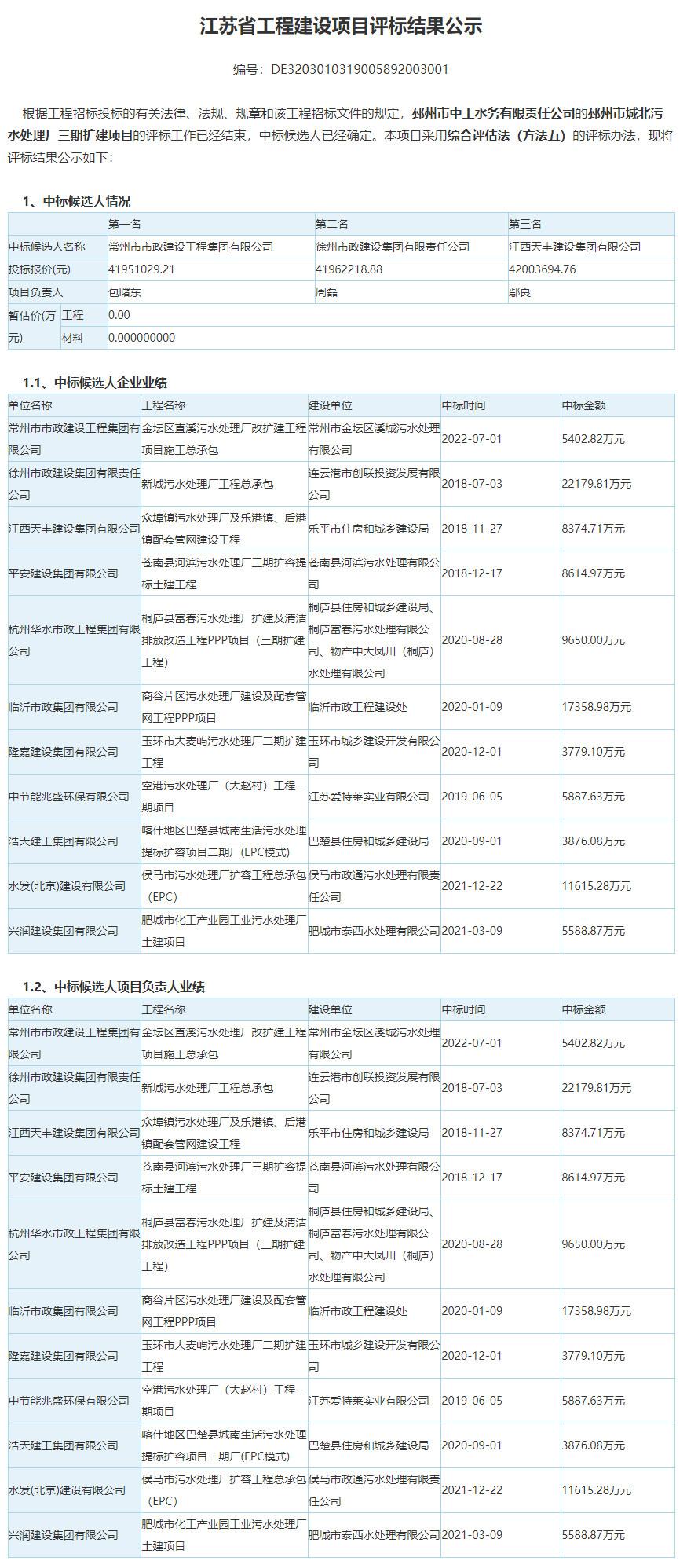 bg大游馆常州市政集团预中标邳州市城北污水处理厂三期扩建项目！